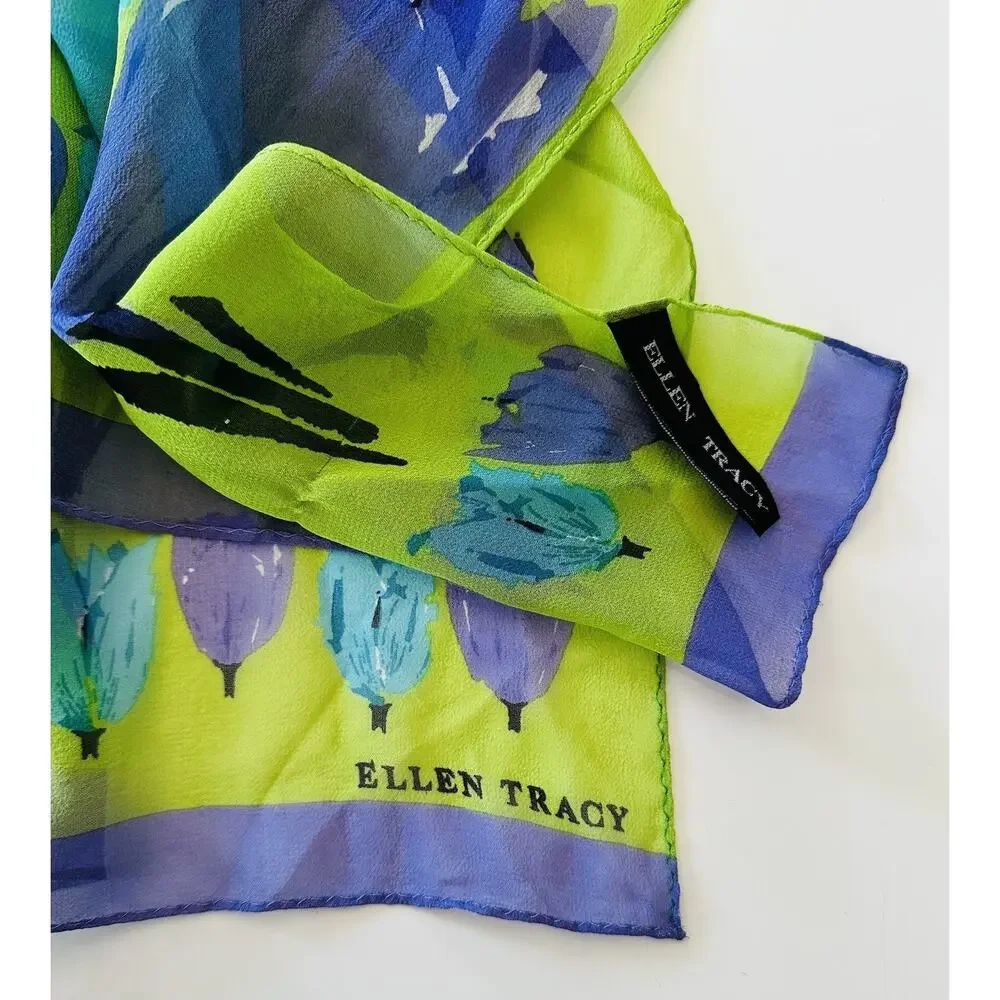 Ellen Tracy 100% Silk Long Scarf Lime Green Purple Floral Lightweight Luxury